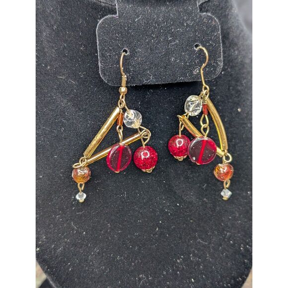 Red & Gold Bead Dangle Earrings – Gift Boxed, Vintage Look - Picture 3 of 5